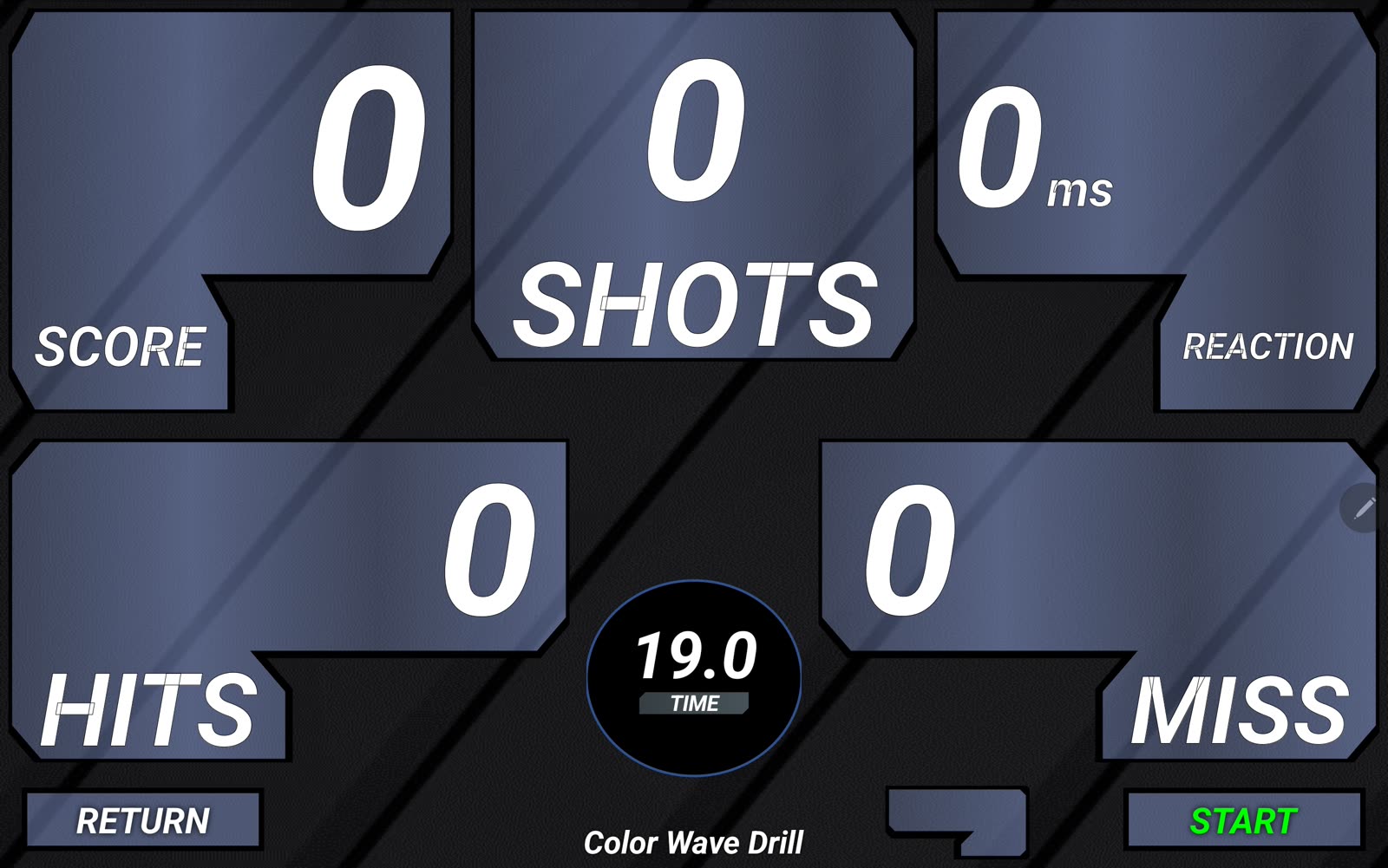 DART app live scoreboard showing score, shots, hits, misses, reaction time, and drill timer